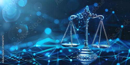 Iconic Law and Justice Symbol, Cyber Law and Justice Evolution in the Digital Era, Futuristic justice and AI, Digital law concept of duality of Judiciary Jurisprudence