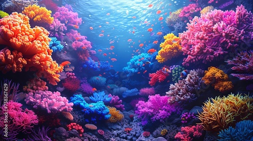 Vibrant coral reef in ocean waters. Colorful corals. Concept of marine life, underwater biodiversity, tropical ecosystem, and natural aquarium. DMT art style illustration