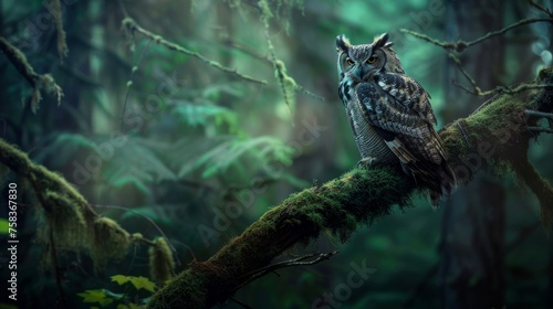 Wise Owl Perched on Moss-Covered Tree Branch - Enchanted Forest Macro Shot