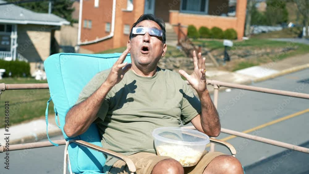 A wide shot of a man eating popcorn while looking at a total solar eclipse while wearing protective eclipse sunglasses.  	