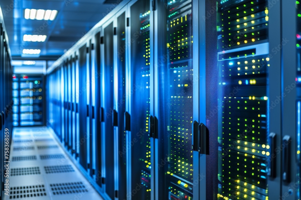 Server racks in data center room. Neon server room for cryptocurrency mining. Cryptocurrency farm and cloud computing. Data protection, cybersecurity, networking communication technology concept Server racks in data center room. Neon server room for cryptocurrency mining. Cryptocurrency farm and cloud computing. Data protection, cybersecurity, networking communication technology concept