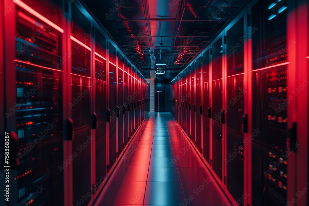 Server racks in data center room. Neon server room for cryptocurrency mining. Cryptocurrency farm and cloud computing. Data protection, cybersecurity, networking communication technology concept