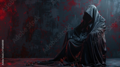 Mysterious figure in a hooded cloak against a dark backdrop