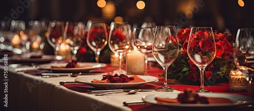 An elegant table set with tableware, stemware, and magenta flowers for a special event. Candles and wine glasses add ambiance to the buildings entertainment