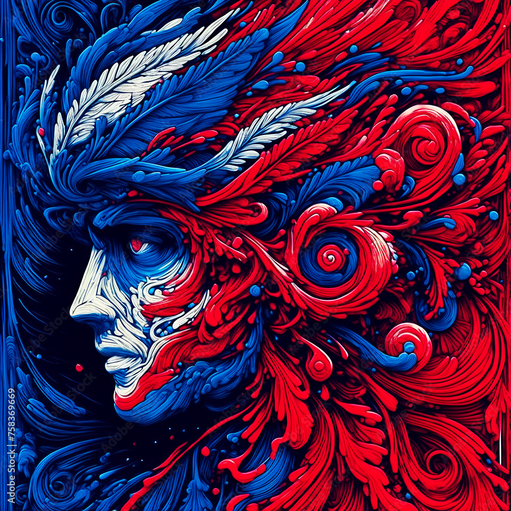 Artistic abstract head illustration, blue, white and red, Wall Art Design for Home Decor, wallpaper for cellphone, mobile smart cell phone background