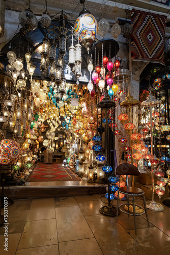 Photography bright vivid lamps , chandeliers pendants lustres lampshades, window display of