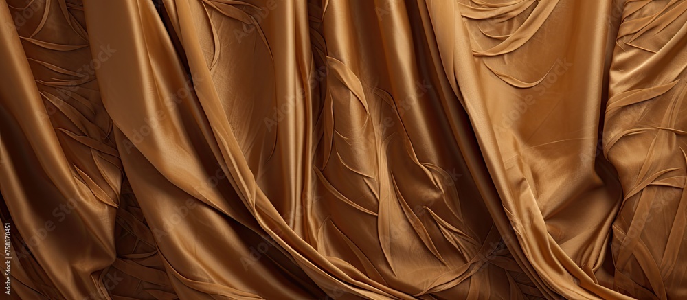 Obraz premium A closeup of a luxurious brown satin curtain with a beautiful pattern that mimics the texture of long hair. The rich brown hue complements wood, metal, and peach tints