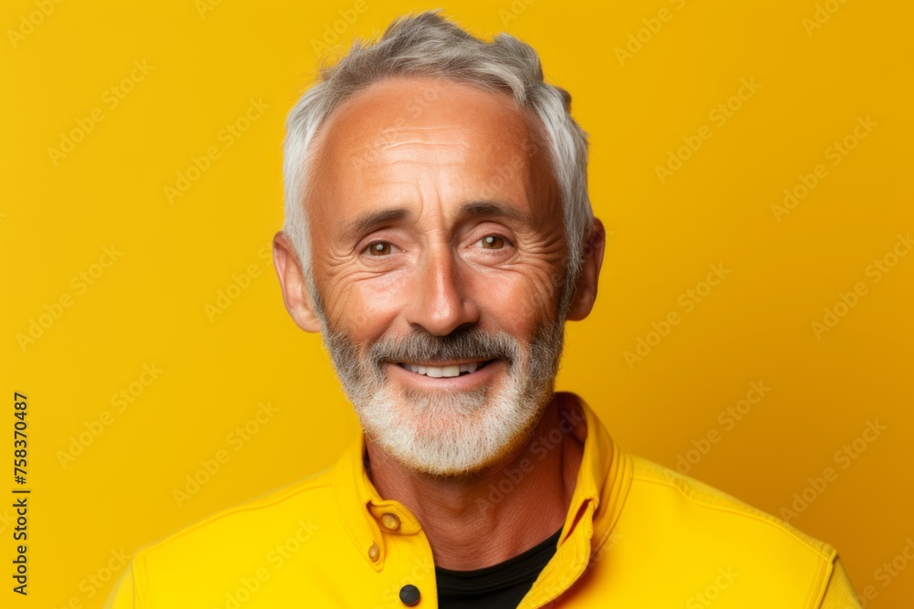 Portrait of a senior man with grey hair and beard on yellow background Portrait of a senior man with grey hair and beard on yellow background