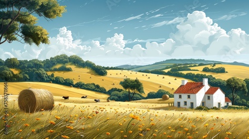 Rural painting with hay bales, farmhouse, and scenic natural landscape photo
