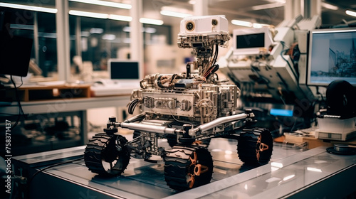 Seated on a table, a robot remains stationary, its observant posture reflecting an air of futuristic intelligence and mechanical curiosity about its indoor environment. Banner. Copy space. photo