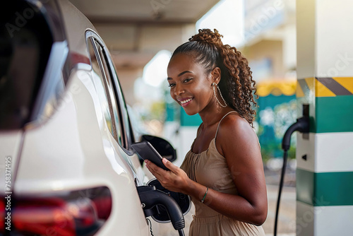 Young woman with smartphone waiting while her electric car charging in home charging station, sustainable and economic transportation concept. photo