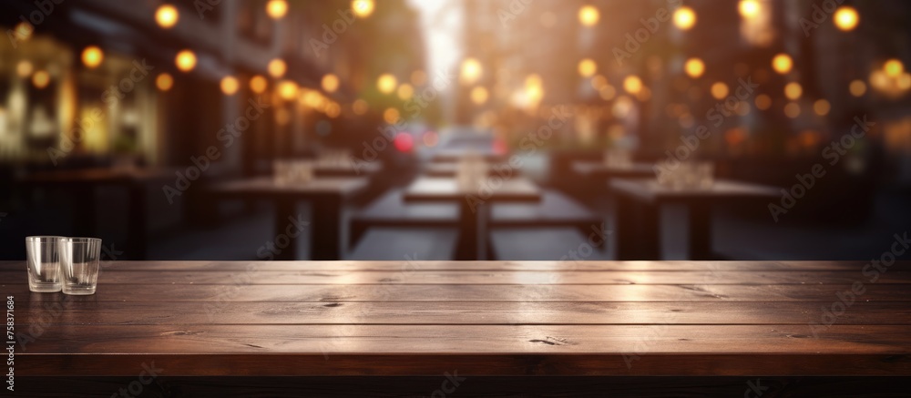 Empty dark wooden table set against blurred restaurant background, suitable for showcasing products.