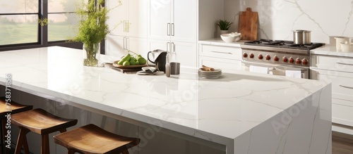 White Statuario marble features a majestic white hue with a blend of multicolor glitter effect - ideal for kitchen and wall tiles, as well as glossy Calacatta quartz.