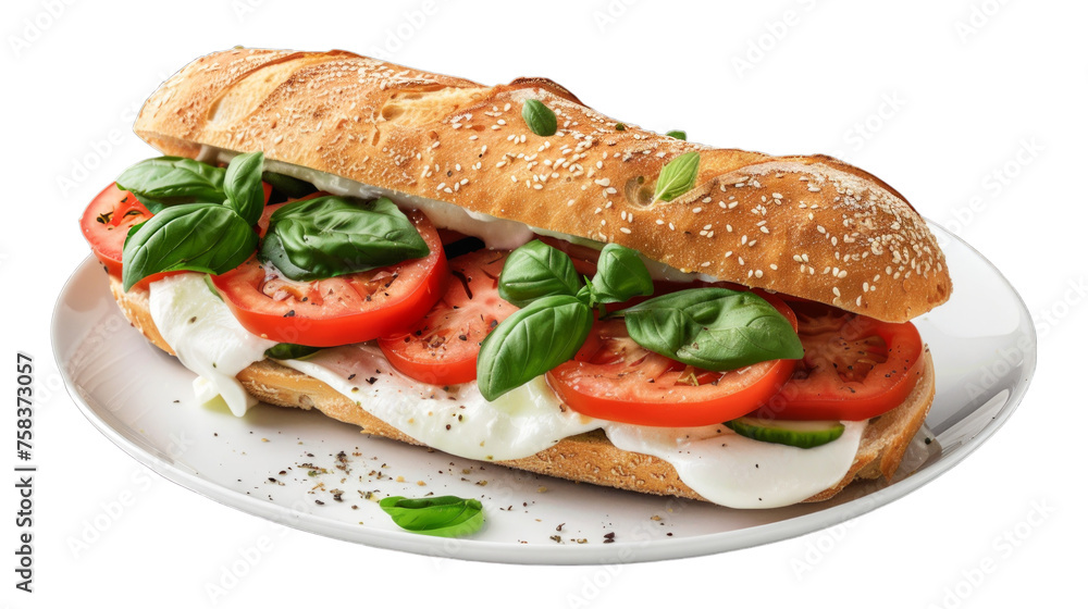 Caprese Sandwich on a plate isolated on transparent png background. Generative ai Caprese Sandwich on a plate isolated on transparent png background. Generative ai