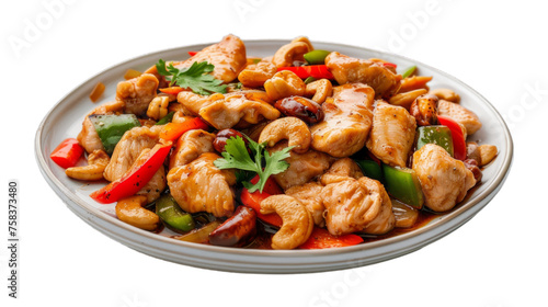 Cashew Chicken Stir-Fry on a plate isolated on transparent png background. Generative ai 