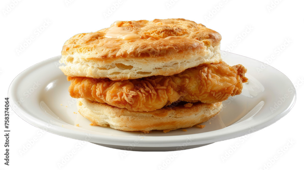 Chicken Biscuit on a plate isolated on transparent png background. Generative ai Chicken Biscuit on a plate isolated on transparent png background. Generative ai