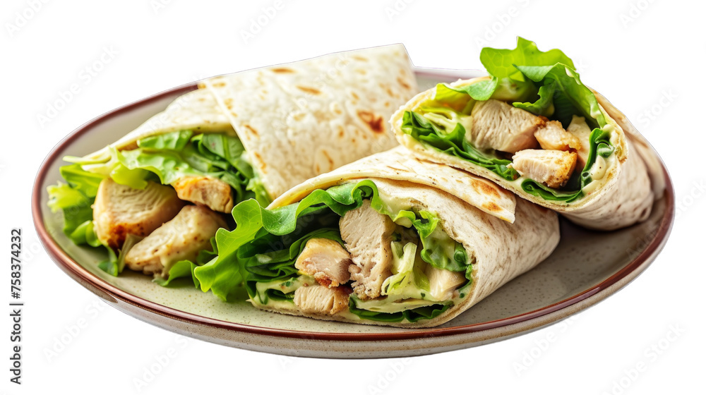 Chicken Caesar Wrap on a plate isolated on transparent png background. Generative ai Chicken Caesar Wrap on a plate isolated on transparent png background. Generative ai