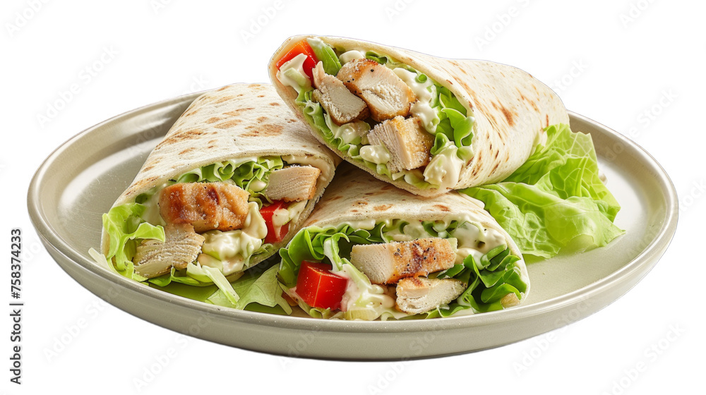 Chicken Caesar Wrap on a plate isolated on transparent png background. Generative ai Chicken Caesar Wrap on a plate isolated on transparent png background. Generative ai