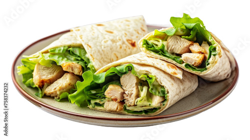 Chicken Caesar Wrap on a plate isolated on transparent png background. Generative ai 