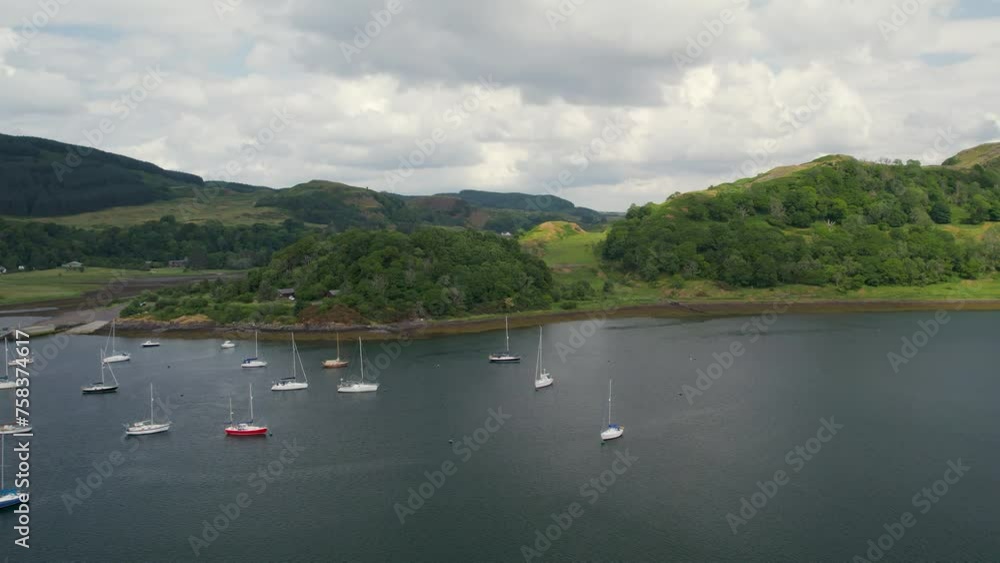 Ardentallen Bay, Loch Feochan And Feochan Bheag River From A Drone, Feochan Glen, Oban, Argyll and Bute, West Highlands, Scotland Ardentallen Bay, Loch Feochan And Feochan Bheag River From A Drone, Feochan Glen, Oban, Argyll and Bute, West Highlands, Scotland