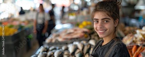 Smiling female seafood fish market worker looking at the camera