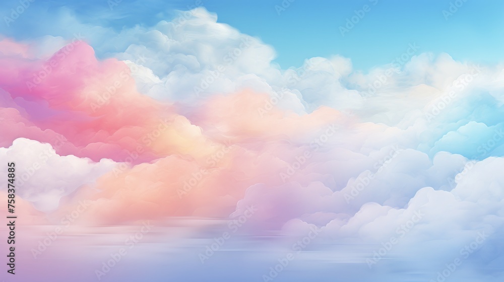 Serene sky with fluffy clouds in pastel rainbow colors. Beautiful sky. Copy Space. Concept of calming background, nature, minimalist design, sunrise, dreamscape Serene sky with fluffy clouds in pastel rainbow colors. Beautiful sky. Copy Space. Concept of calming background, nature, minimalist design, sunrise, dreamscape