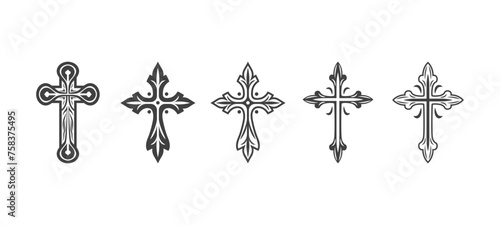 Flat Vector Black Christian Cross Icons Set Isolated on a White Background. Line Silhouette Cut Out Christian Crosses Collection