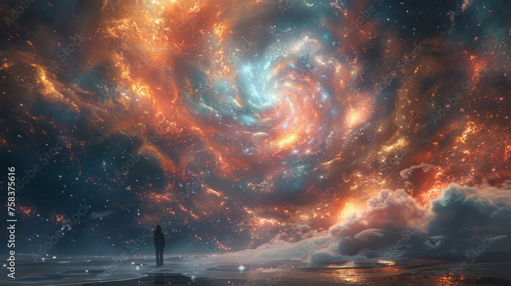 A person gazes at the galaxy in the night sky, surrounded by stars and clouds