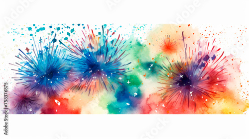 Fireworks burst in an array of watercolor splendor, each vibrant color captured against a crisp white backdrop, depicting the joy of celebration. Banner. Copy space.