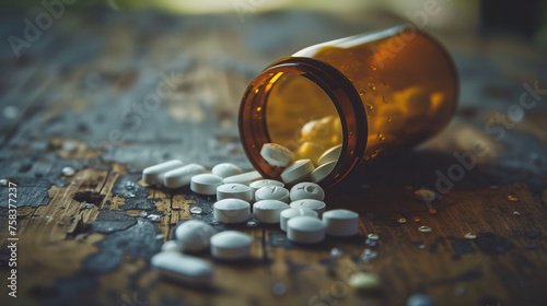Pills are scattered across a wooden table, having spilled from an open pill bottle