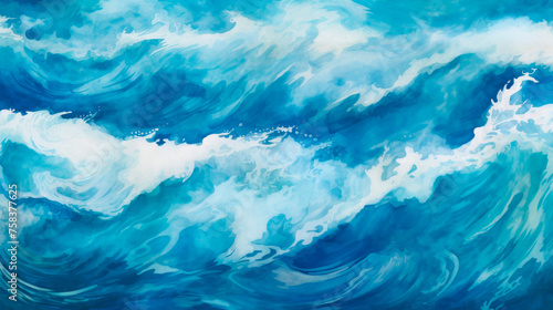 This painting portrays a vibrant blue ocean, where white waves energetically crash against the shore, creating a scene life and dynamism, reflecting the ocean's lively spirit. Banner. Copy space. © stateronz