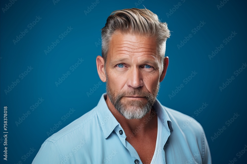 Portrait of a handsome mature man with grey hair and beard. Isolated on blue background. Portrait of a handsome mature man with grey hair and beard. Isolated on blue background.