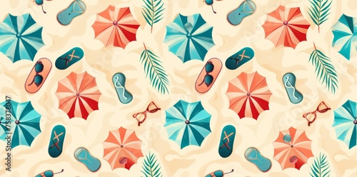 Tropical paradise seamless pattern featuring beach umbrellas, sunglasses, and flip-flops.