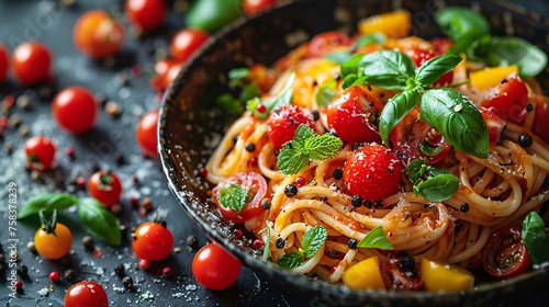 Fresh tomato basil spaghetti pasta in a black bowl with cherry tomatoes, basil leaves, and peppercorns