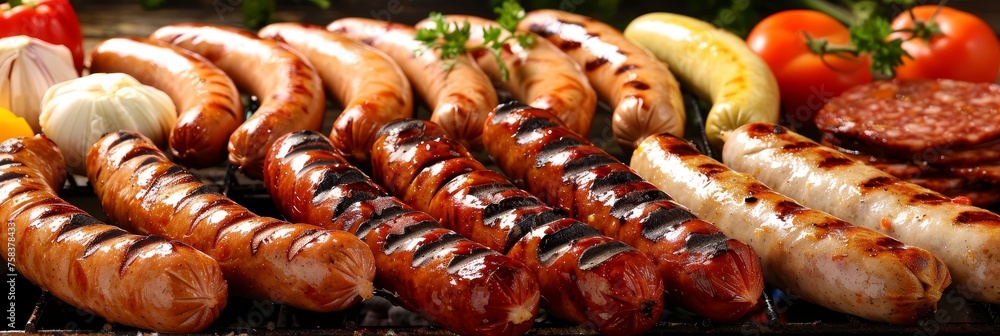 Delicious barbecue dinner with perfectly grilled sausages on clean table setting Delicious barbecue dinner with perfectly grilled sausages on clean table setting