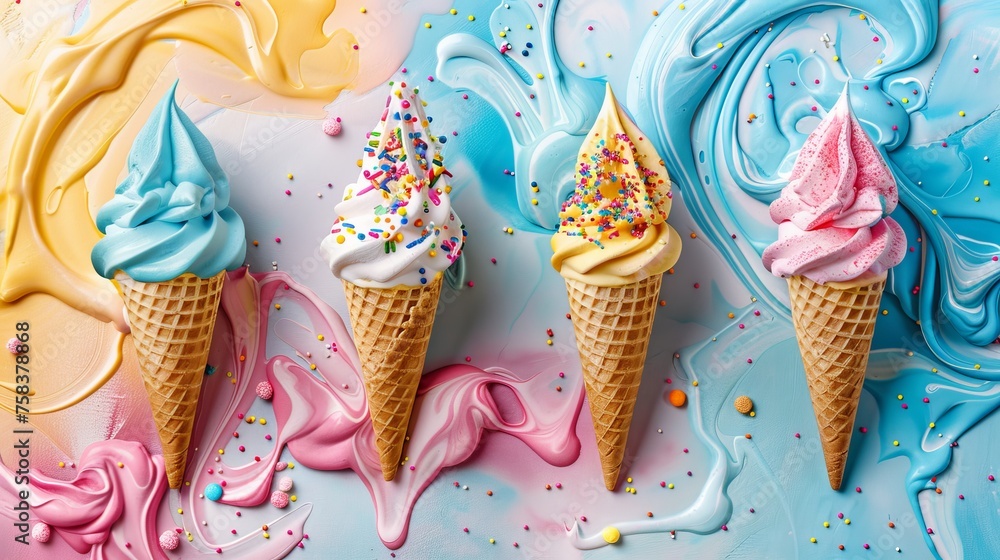 Pastel ice cream dreamland with swirls and scoops in cloud filled sky, sprinkles and candy elements