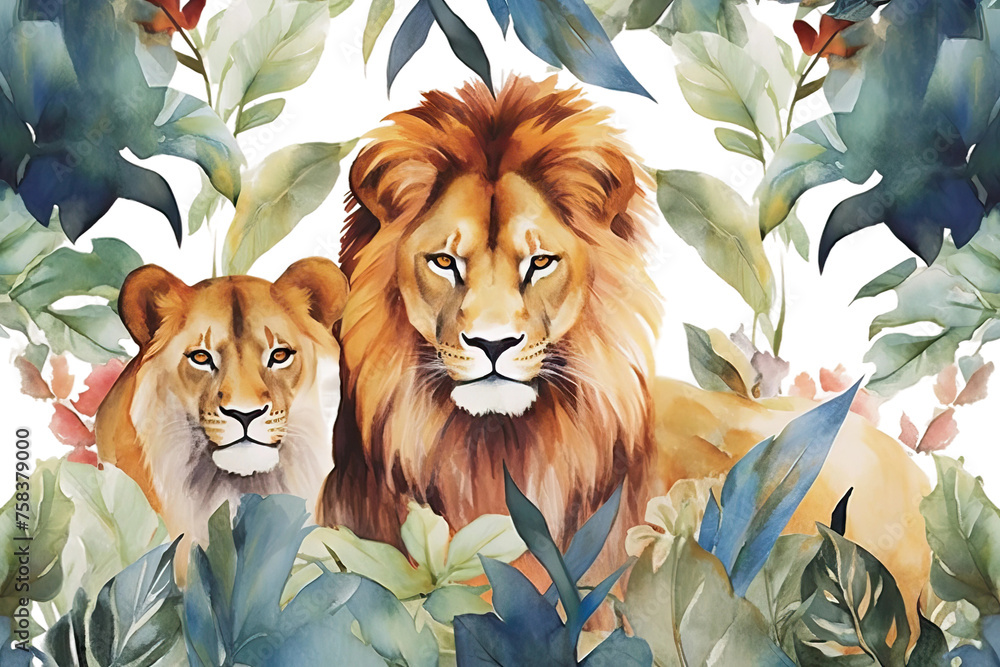 background two watercolor lions flowers tropical bottom leaves surrounded a painting orange green flowers leaves white blue - obrazy, fototapety, plakaty 