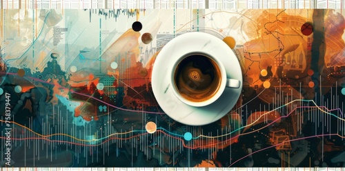 creative synergy with a coffee cup and financial charts