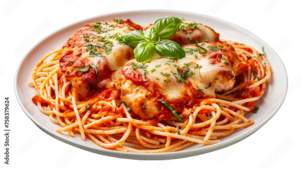 Chicken Parmesan Spaghettion a plate isolated on transparent png background. Generative ai Chicken Parmesan Spaghettion a plate isolated on transparent png background. Generative ai