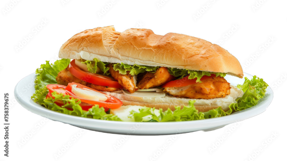 Chicken Sandwich on a plate isolated on transparent png background. Generative ai Chicken Sandwich on a plate isolated on transparent png background. Generative ai