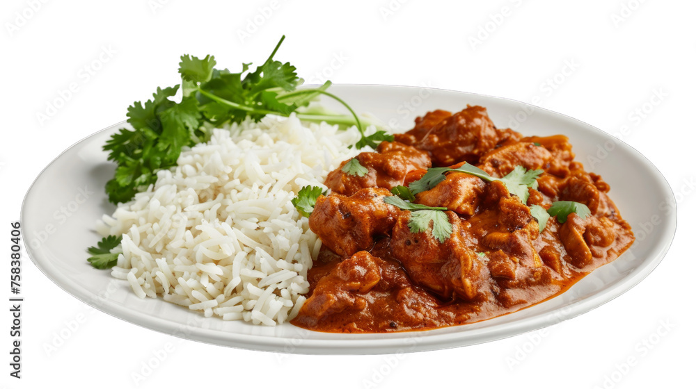 Chicken Tikka Masala on a plate isolated on transparent png background. Generative ai 