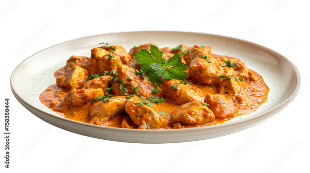Chicken Tikka Masala on a plate isolated on transparent png background. Generative ai 