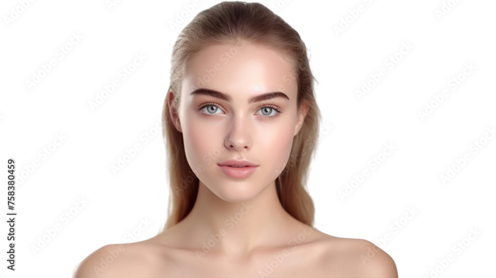 Studio portrait of a beautiful woman with healthy facial skin, isolated cut out on transparent background Studio portrait of a beautiful woman with healthy facial skin, isolated cut out on transparent background