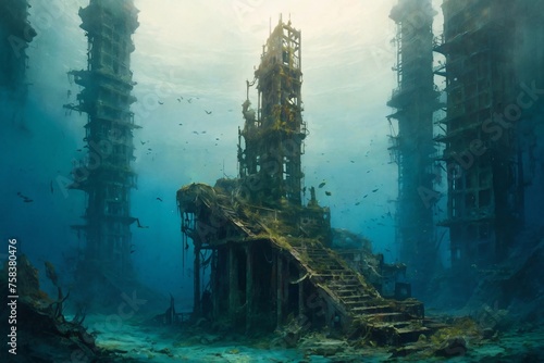 A mermaid statue in the dim, tiny ruins of a post-apocalyptic underwater city, rusty skyscrapers loom like ghostly monuments to a lost civilization photo