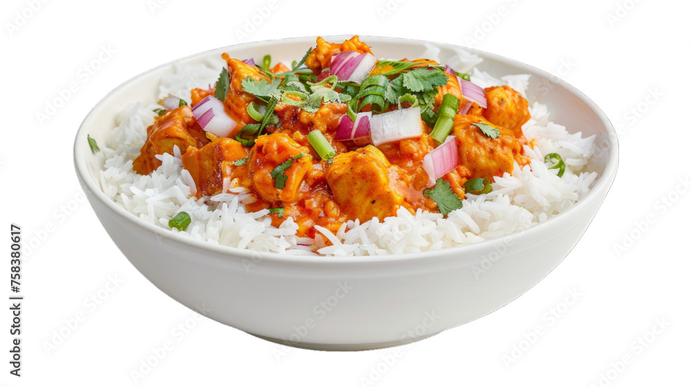 Chicken Tikka Masala Rice Bowl isolated on transparent png background. Generative ai Chicken Tikka Masala Rice Bowl isolated on transparent png background. Generative ai