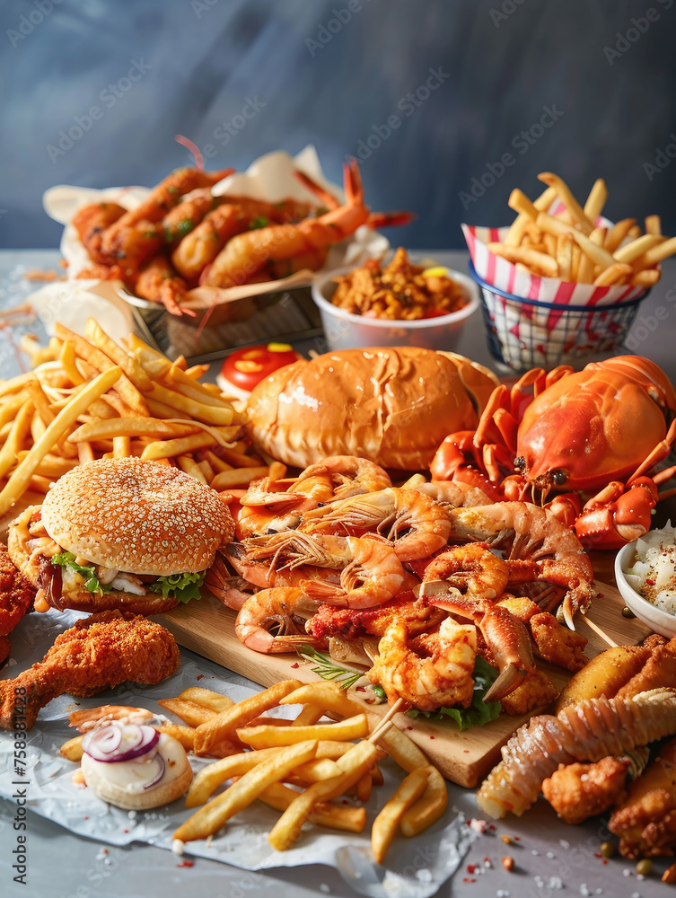 various fried  seafood and french fries 