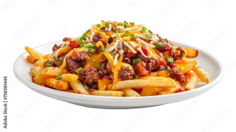 Chili Cheese Fries on a plate isolated on transparent png background. Generative ai Chili Cheese Fries on a plate isolated on transparent png background. Generative ai