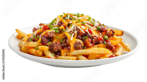 Chili Cheese Fries on a plate isolated on transparent png background. Generative ai 