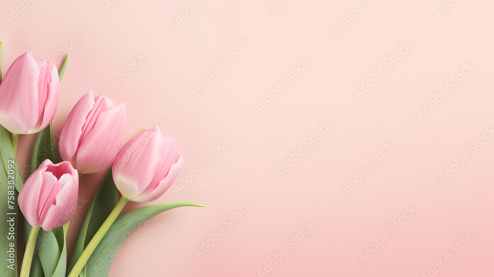 pink tulips flowers on side of pastel colored rose background - wallpaper with space for text pink tulips flowers on side of pastel colored rose background - wallpaper with space for text