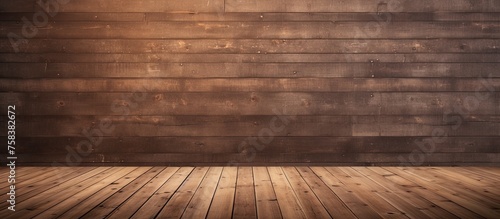 An empty room with a hardwood floor stained in a rich amber hue, featuring brown plank flooring and a brick wall